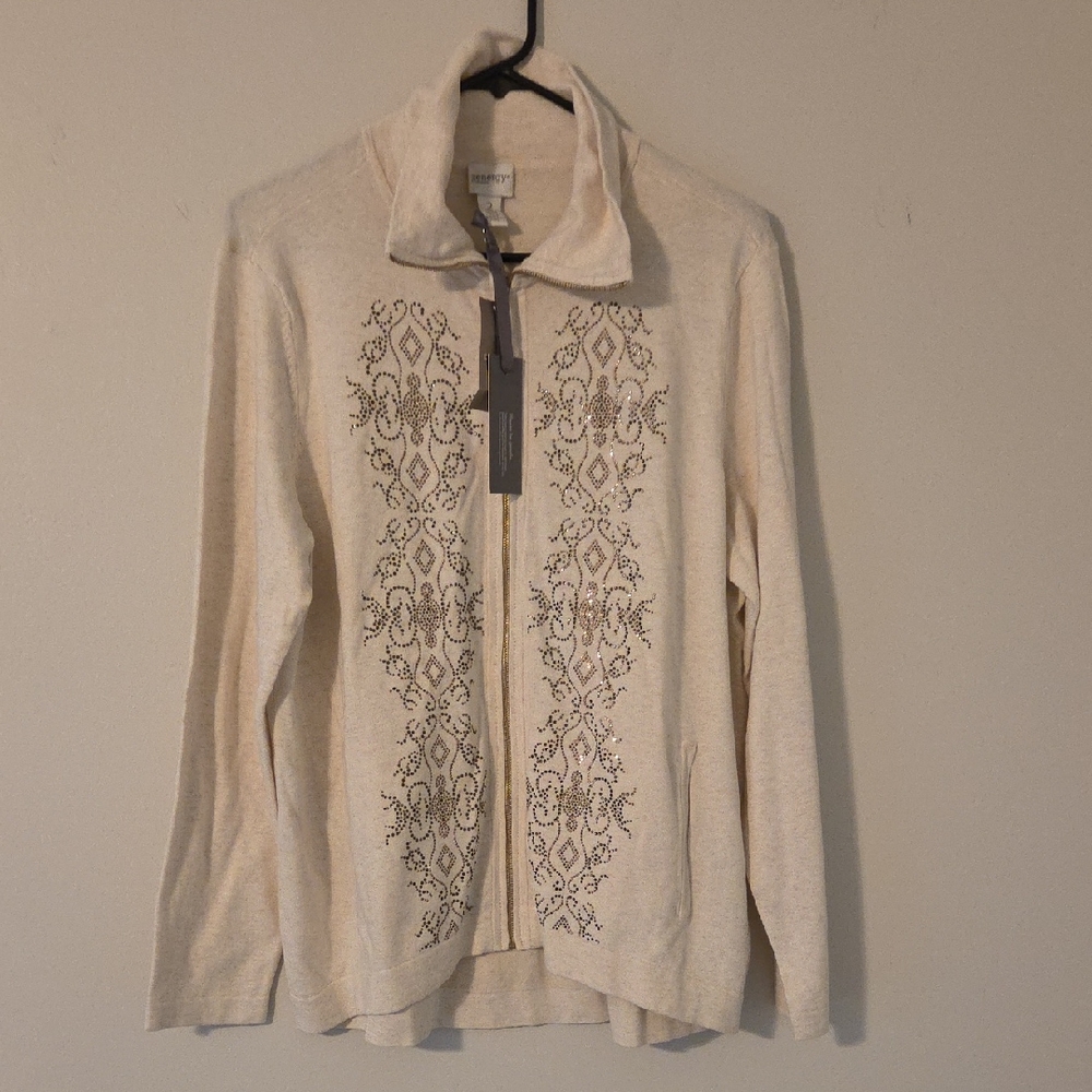 Chico's Cream Embroidered Turtleneck Sweater